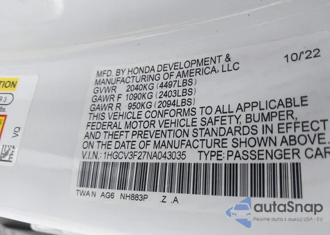 2022 Honda Accord Hybrid Sport из США, поврежденный, VIN 1HGCV3F27NA043035